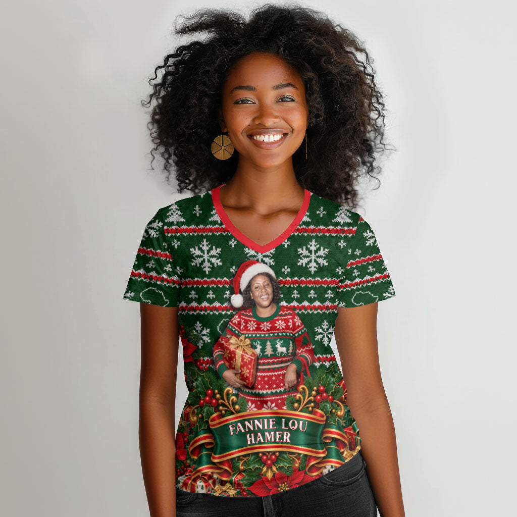 Fannie Lou Hamer Christmas Women V-Neck T-Shirt Retro Ugly Christmas Pattern Civil Rights Activist Pan African