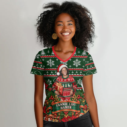 Fannie Lou Hamer Christmas Women V-Neck T-Shirt Retro Ugly Christmas Pattern Civil Rights Activist Pan African