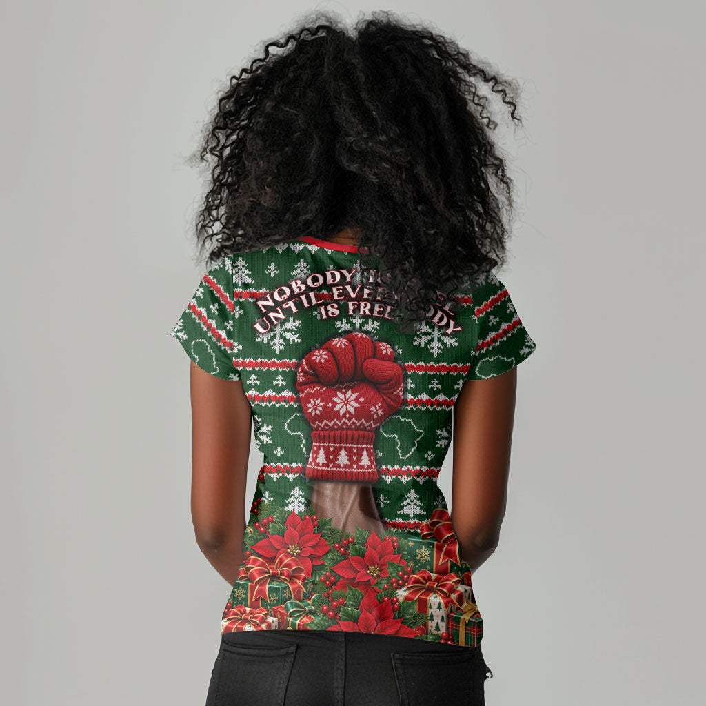 Fannie Lou Hamer Christmas Women V-Neck T-Shirt Retro Ugly Christmas Pattern Civil Rights Activist Pan African