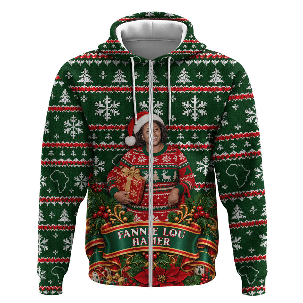 Fannie Lou Hamer Christmas Zip Hoodie Retro Ugly Christmas Pattern Civil Rights Activist Pan African