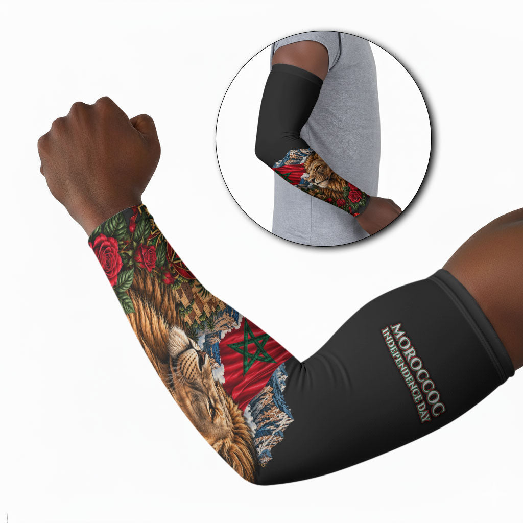 Morocco Independence Day Arm Sleeves Atlas Lion Red Rose Atlas Mountain Heritage