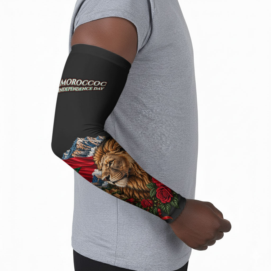 Morocco Independence Day Arm Sleeves Atlas Lion Red Rose Atlas Mountain Heritage