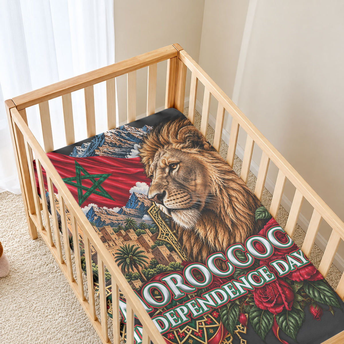 Morocco Independence Day Baby Bed Cover Atlas Lion Red Rose Atlas Mountain Heritage