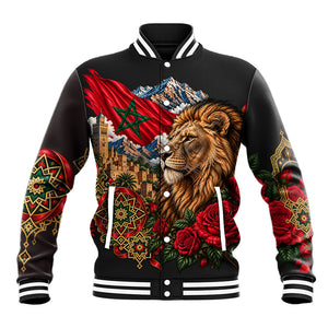 Morocco Independence Day Baseball Jacket Atlas Lion Red Rose Atlas Mountain Heritage