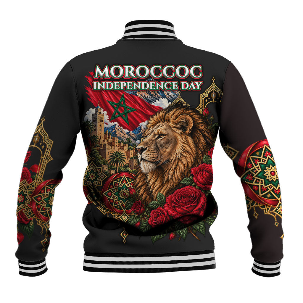 Morocco Independence Day Baseball Jacket Atlas Lion Red Rose Atlas Mountain Heritage