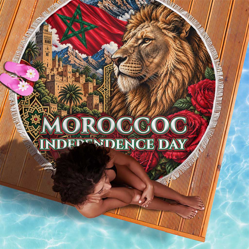 Morocco Independence Day Beach Blanket Atlas Lion Red Rose Atlas Mountain Heritage