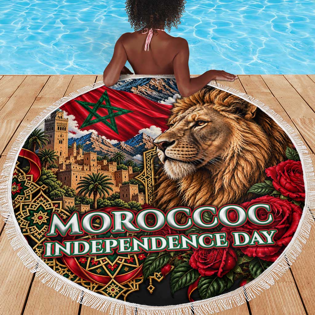Morocco Independence Day Beach Blanket Atlas Lion Red Rose Atlas Mountain Heritage