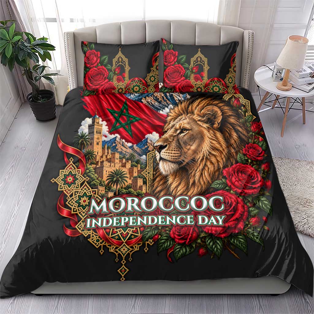 Morocco Independence Day Bedding Set Atlas Lion Red Rose Atlas Mountain Heritage
