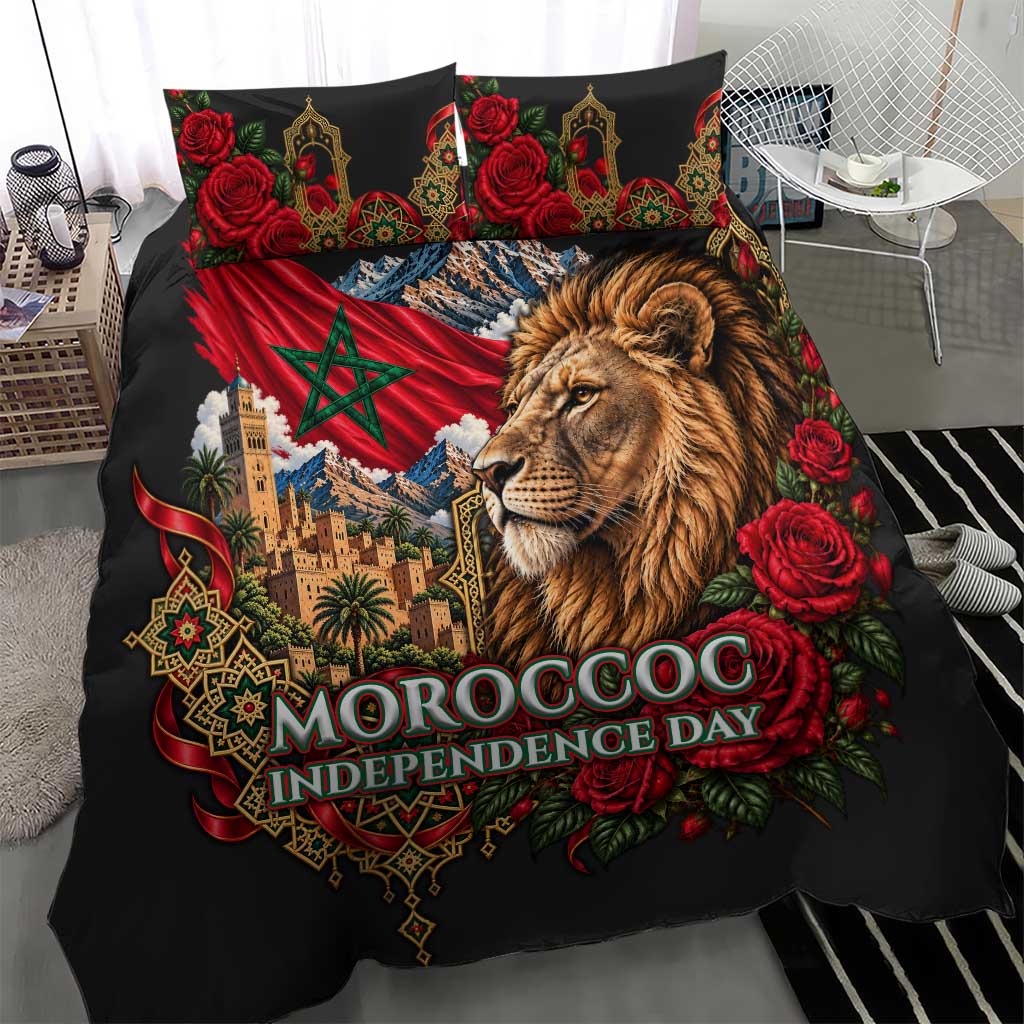 Morocco Independence Day Bedding Set Atlas Lion Red Rose Atlas Mountain Heritage