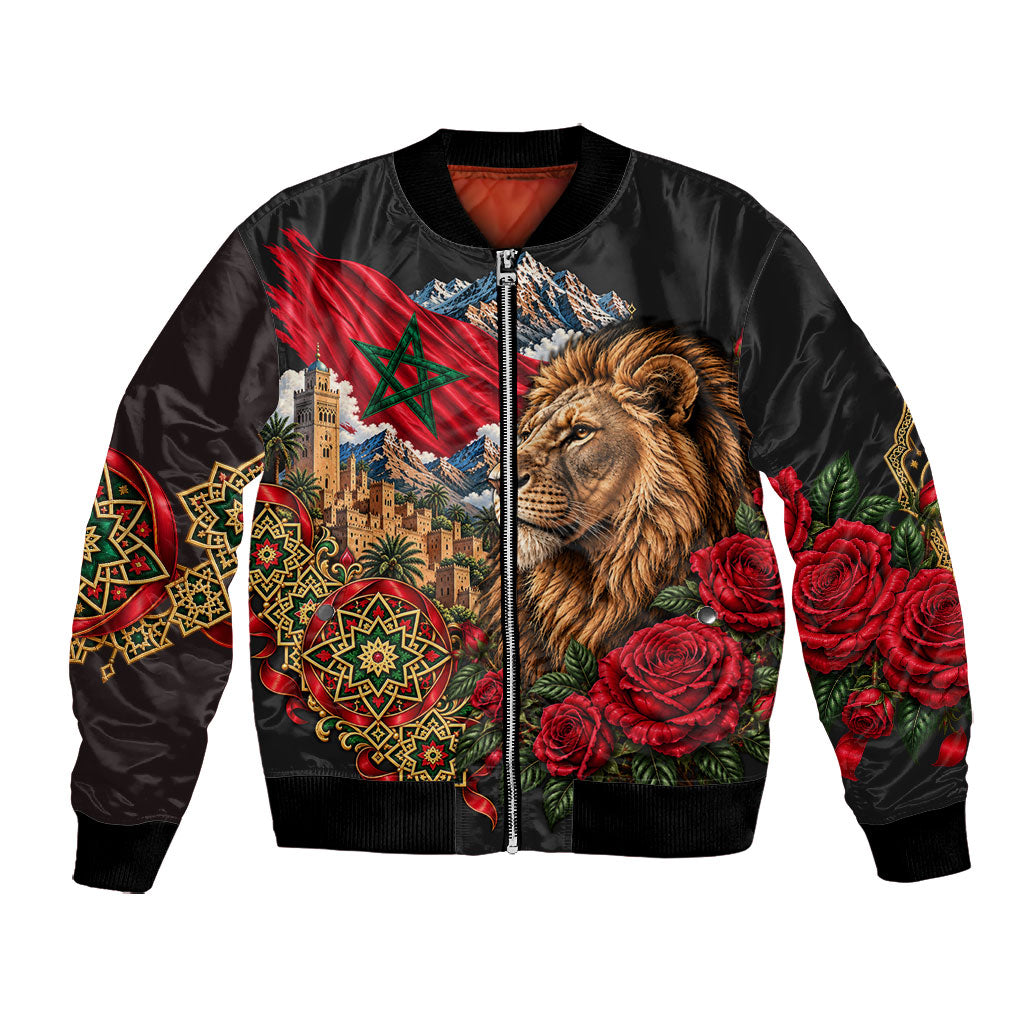 Morocco Independence Day Bomber Jacket Atlas Lion Red Rose Atlas Mountain Heritage