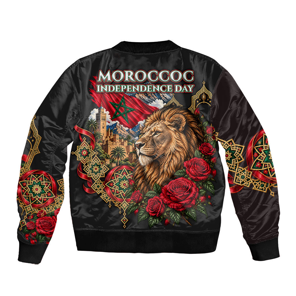 Morocco Independence Day Bomber Jacket Atlas Lion Red Rose Atlas Mountain Heritage