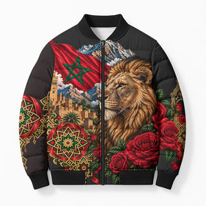 Morocco Independence Day Bomber Puffer Jacket Atlas Lion Red Rose Atlas Mountain Heritage