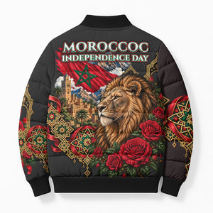 Morocco Independence Day Bomber Puffer Jacket Atlas Lion Red Rose Atlas Mountain Heritage