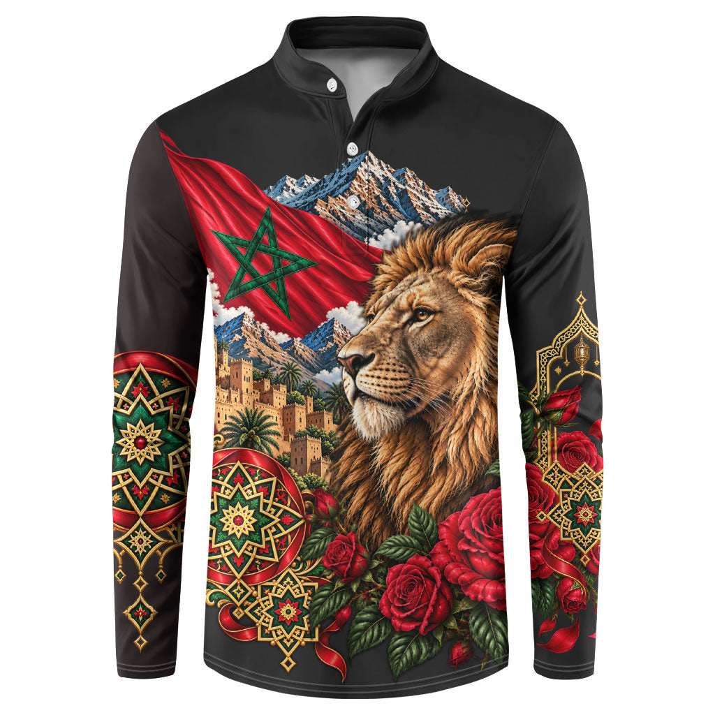 Morocco Independence Day Button Sweatshirt Atlas Lion Red Rose Atlas Mountain Heritage