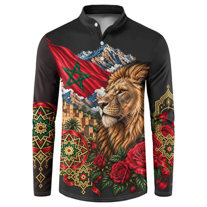 Morocco Independence Day Button Sweatshirt Atlas Lion Red Rose Atlas Mountain Heritage