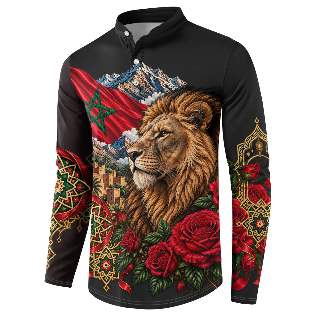 Morocco Independence Day Button Sweatshirt Atlas Lion Red Rose Atlas Mountain Heritage
