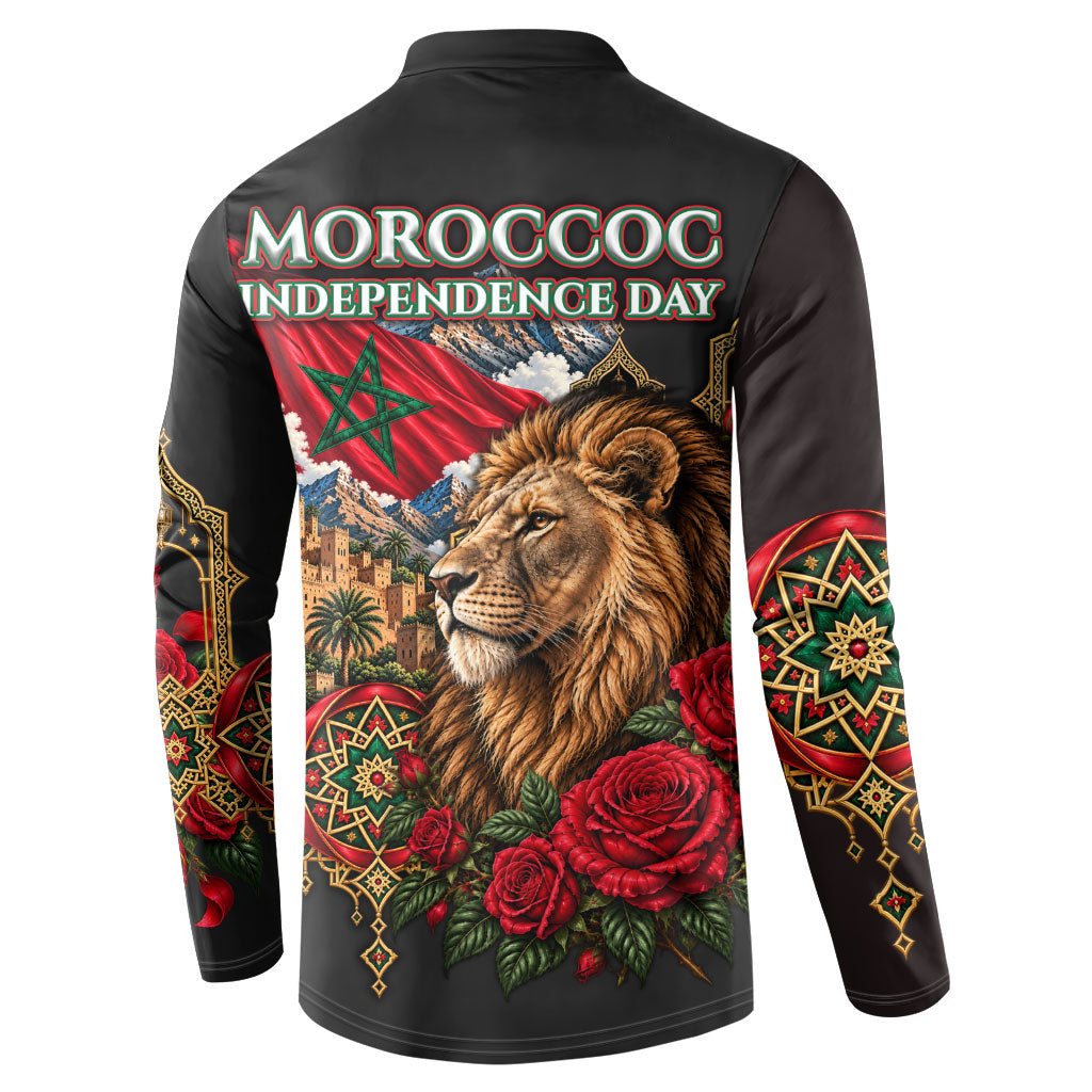 Morocco Independence Day Button Sweatshirt Atlas Lion Red Rose Atlas Mountain Heritage
