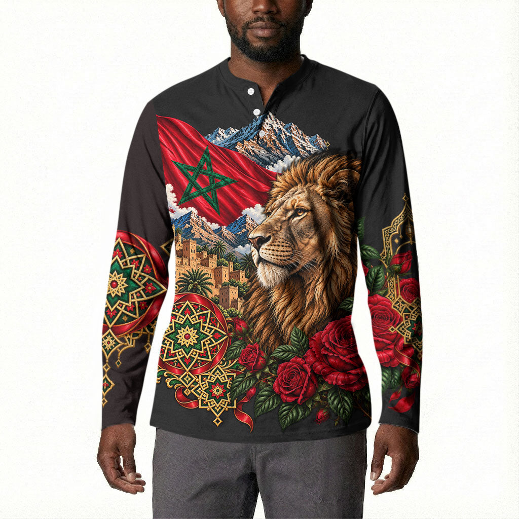 Morocco Independence Day Button Sweatshirt Atlas Lion Red Rose Atlas Mountain Heritage