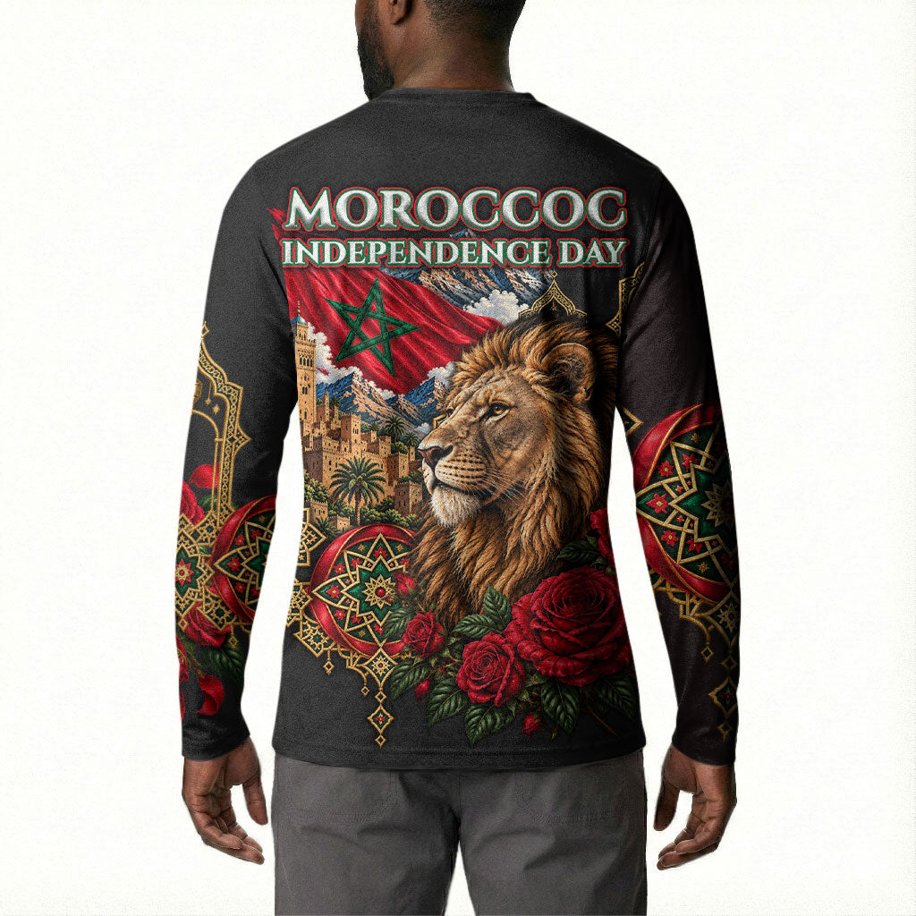 Morocco Independence Day Button Sweatshirt Atlas Lion Red Rose Atlas Mountain Heritage