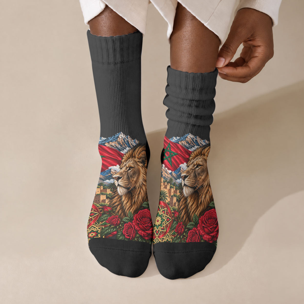 Morocco Independence Day Crew Socks Atlas Lion Red Rose Atlas Mountain Heritage
