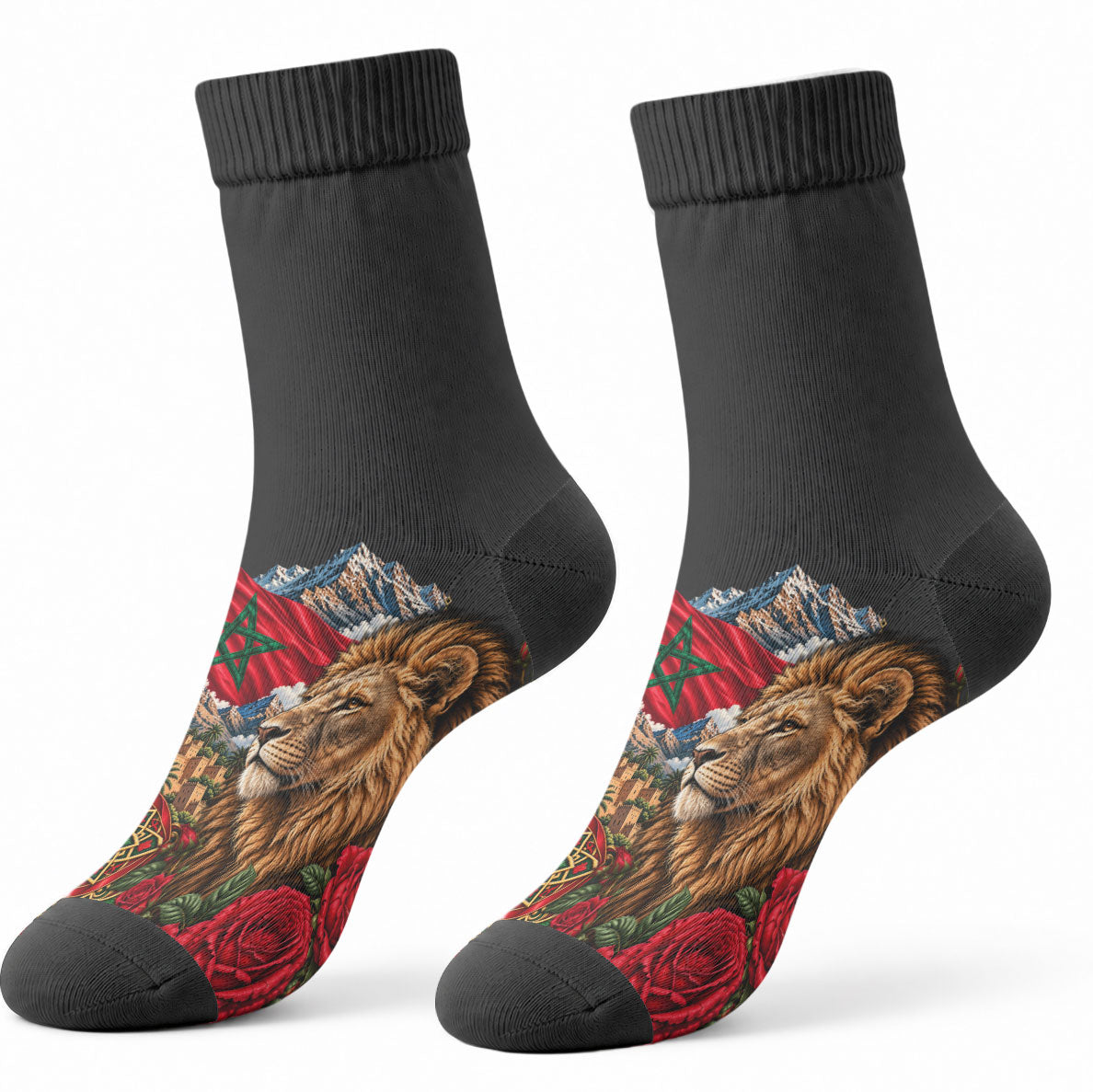 Morocco Independence Day Crew Socks Atlas Lion Red Rose Atlas Mountain Heritage