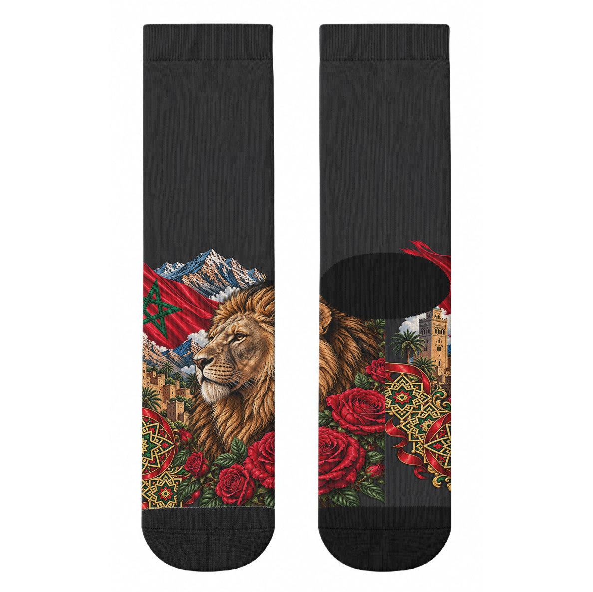Morocco Independence Day Crew Socks Atlas Lion Red Rose Atlas Mountain Heritage