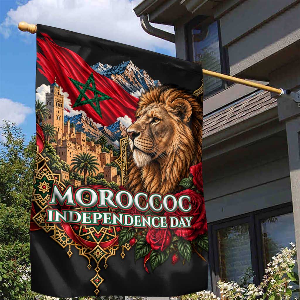 Morocco Independence Day Garden Flag Atlas Lion Red Rose Atlas Mountain Heritage