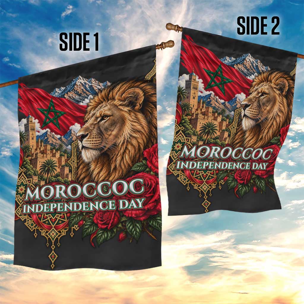 Morocco Independence Day Garden Flag Atlas Lion Red Rose Atlas Mountain Heritage