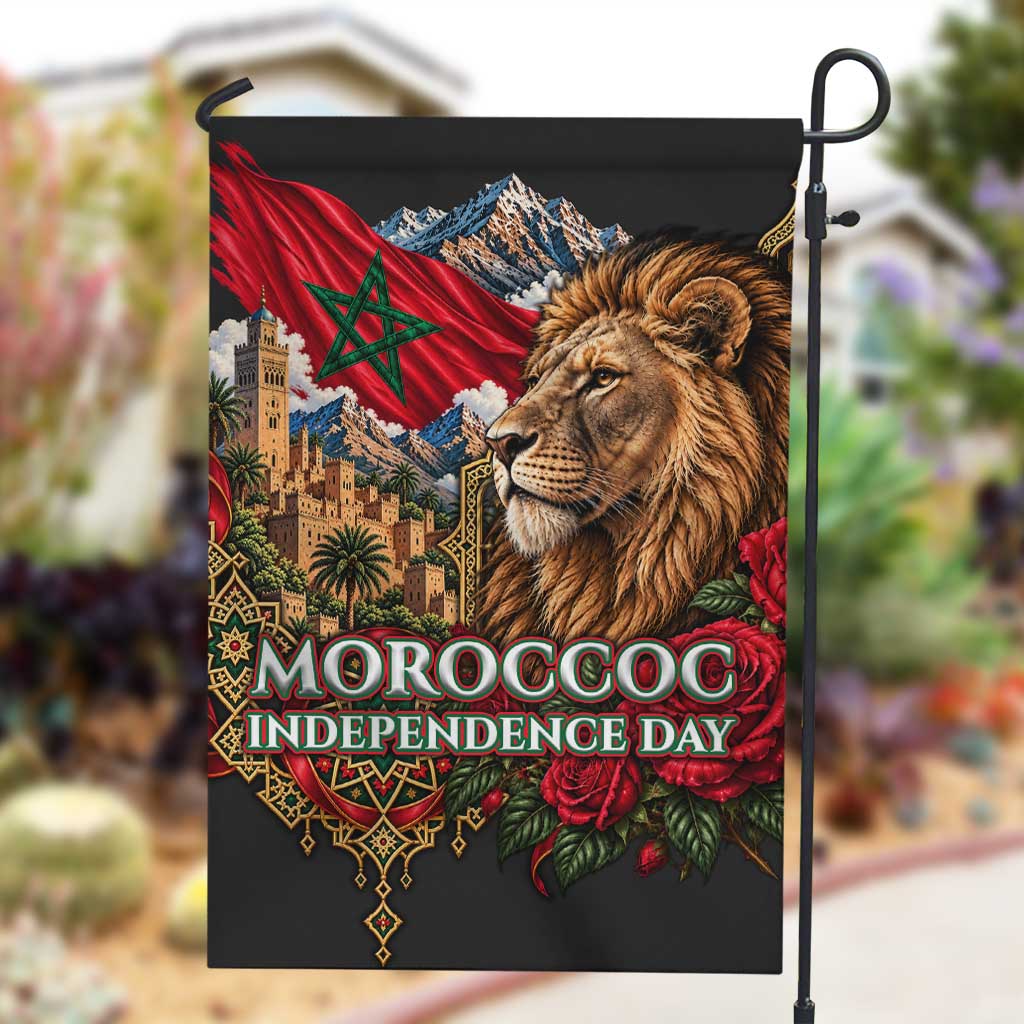 Morocco Independence Day Garden Flag Atlas Lion Red Rose Atlas Mountain Heritage