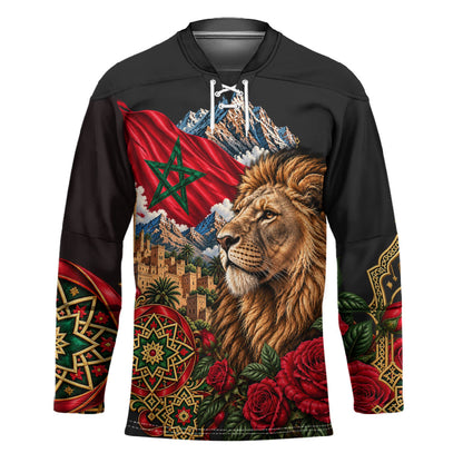 Morocco Independence Day Hockey Jersey Atlas Lion Red Rose Atlas Mountain Heritage