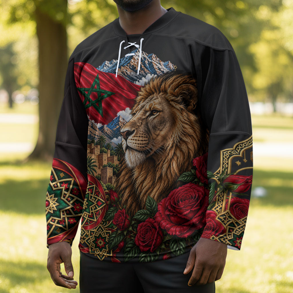 Morocco Independence Day Hockey Jersey Atlas Lion Red Rose Atlas Mountain Heritage