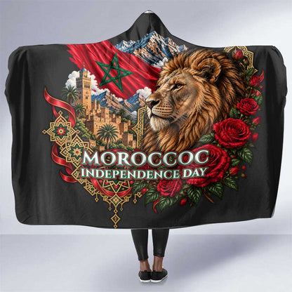 Morocco Independence Day Hooded Blanket Atlas Lion Red Rose Atlas Mountain Heritage