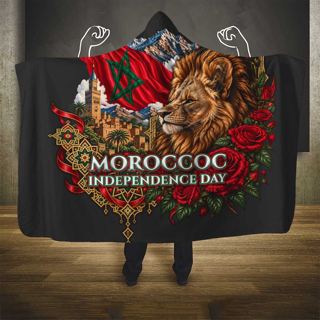 Morocco Independence Day Hooded Blanket Atlas Lion Red Rose Atlas Mountain Heritage