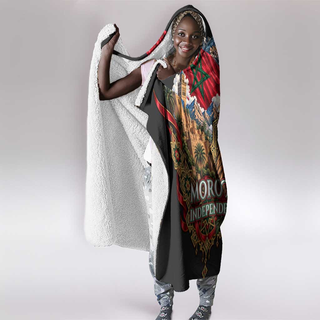 Morocco Independence Day Hooded Blanket Atlas Lion Red Rose Atlas Mountain Heritage
