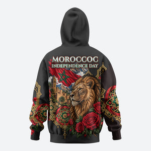 Morocco Independence Day Hoodie Atlas Lion Red Rose Atlas Mountain Heritage