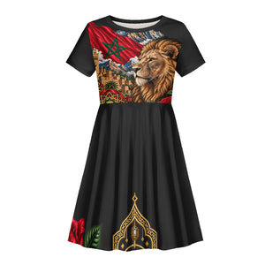 Morocco Independence Day Kid Short Sleeve Dress Atlas Lion Red Rose Atlas Mountain Heritage