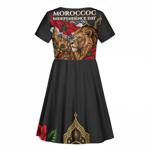 Morocco Independence Day Kid Short Sleeve Dress Atlas Lion Red Rose Atlas Mountain Heritage