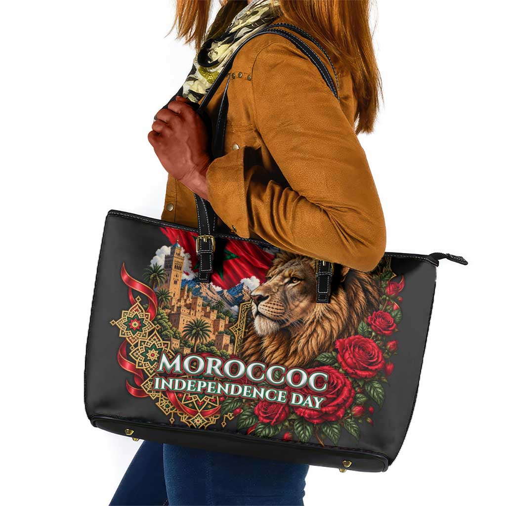 Morocco Independence Day Leather Tote Bag Atlas Lion Red Rose Atlas Mountain Heritage