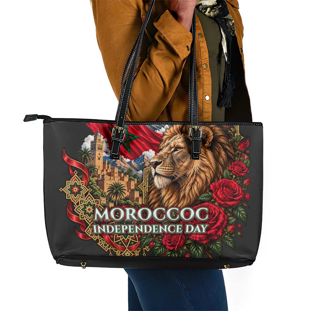 Morocco Independence Day Leather Tote Bag Atlas Lion Red Rose Atlas Mountain Heritage