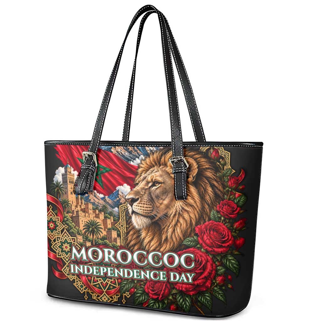 Morocco Independence Day Leather Tote Bag Atlas Lion Red Rose Atlas Mountain Heritage