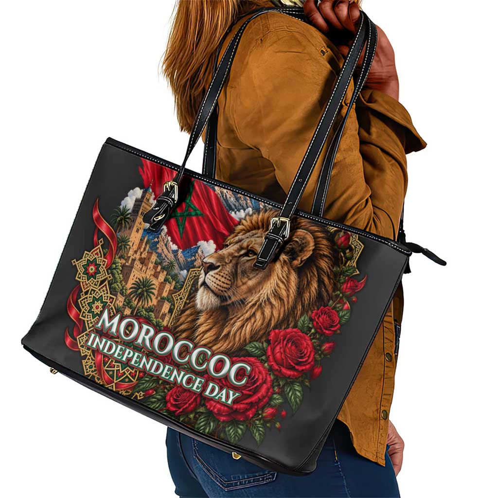 Morocco Independence Day Leather Tote Bag Atlas Lion Red Rose Atlas Mountain Heritage