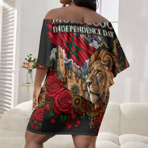 Morocco Independence Day Off Shoulder Short Dress Atlas Lion Red Rose Atlas Mountain Heritage