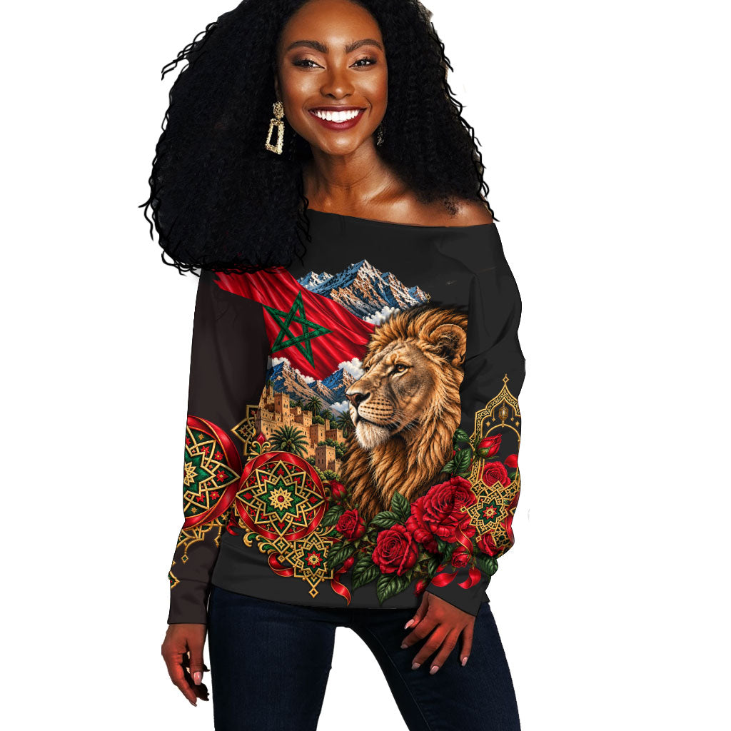 Morocco Independence Day Off Shoulder Sweater Atlas Lion Red Rose Atlas Mountain Heritage