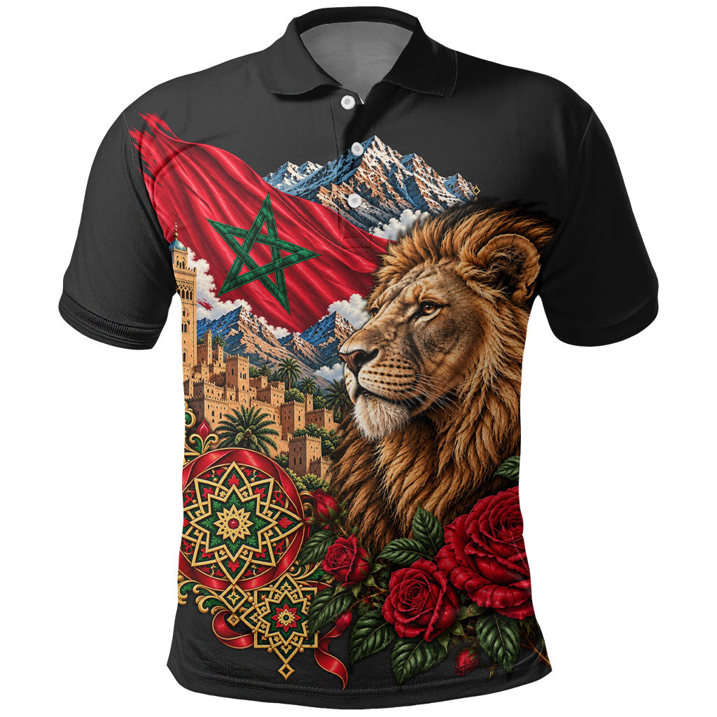 Morocco Independence Day Polo Shirt Atlas Lion Red Rose Atlas Mountain Heritage