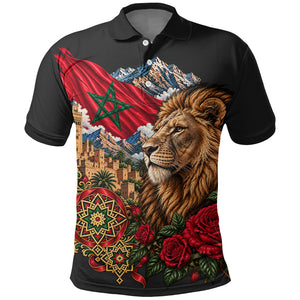 Morocco Independence Day Polo Shirt Atlas Lion Red Rose Atlas Mountain Heritage