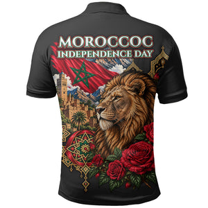 Morocco Independence Day Polo Shirt Atlas Lion Red Rose Atlas Mountain Heritage