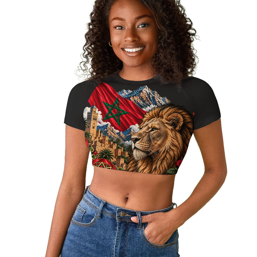 Morocco Independence Day Raglan Cropped T shirt Atlas Lion Red Rose Atlas Mountain Heritage