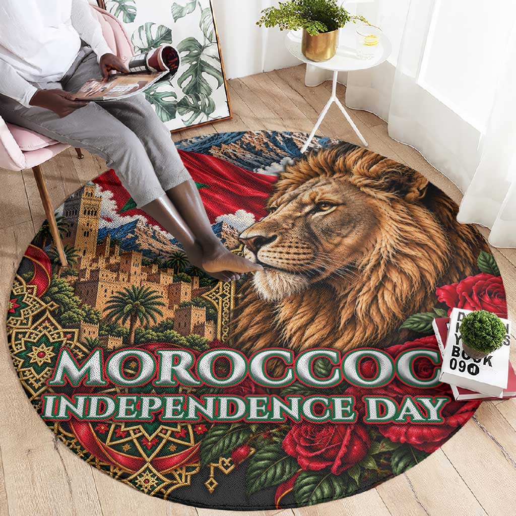 Morocco Independence Day Round Carpet Atlas Lion Red Rose Atlas Mountain Heritage