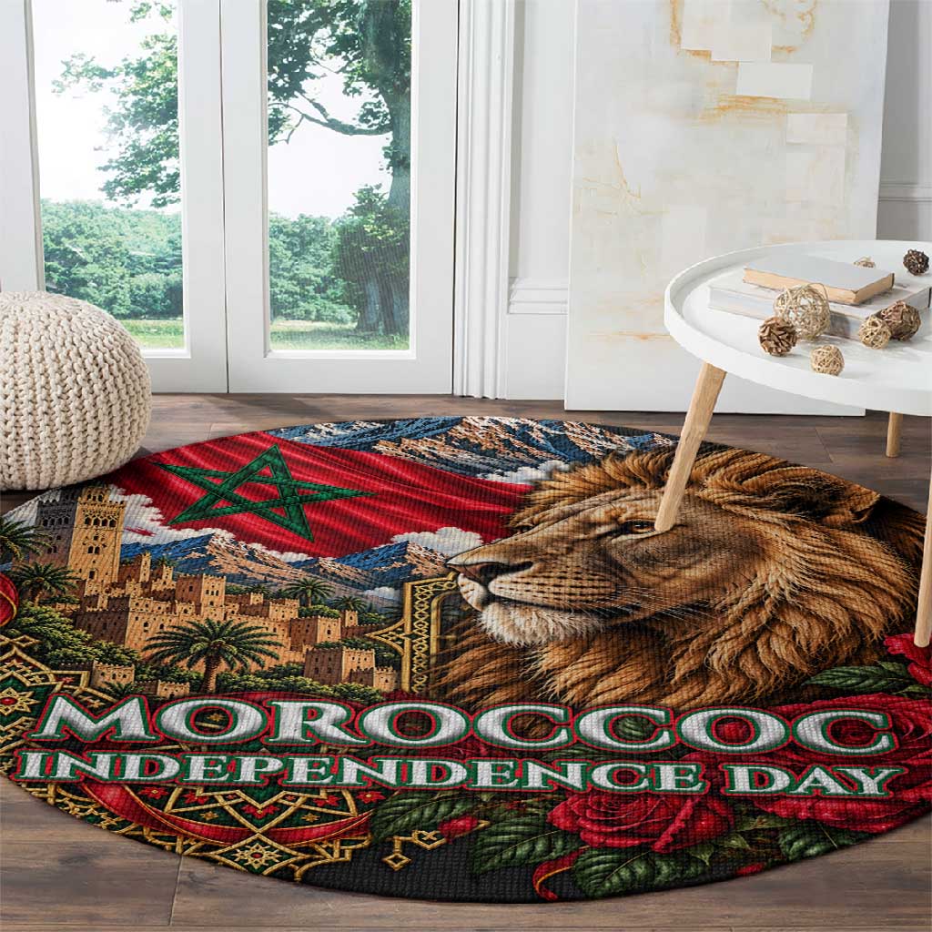 Morocco Independence Day Round Carpet Atlas Lion Red Rose Atlas Mountain Heritage