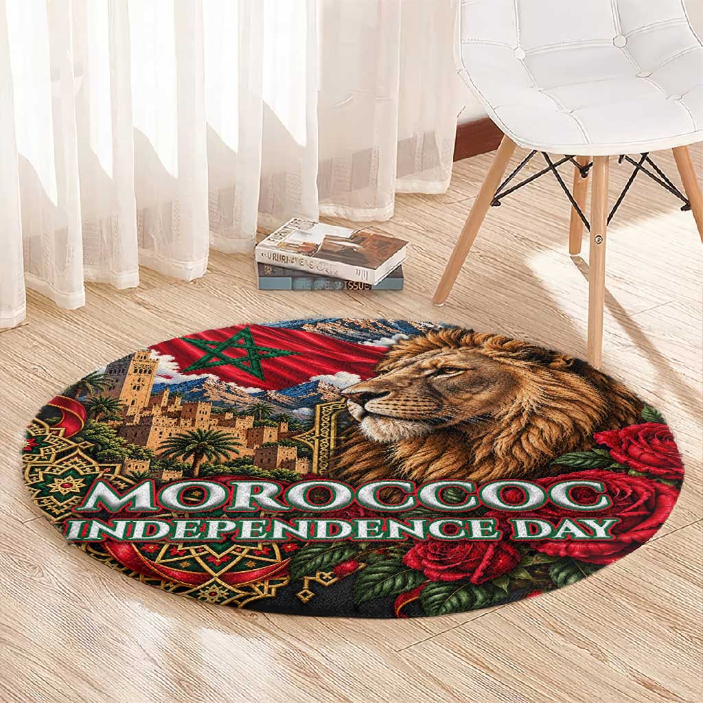 Morocco Independence Day Round Carpet Atlas Lion Red Rose Atlas Mountain Heritage